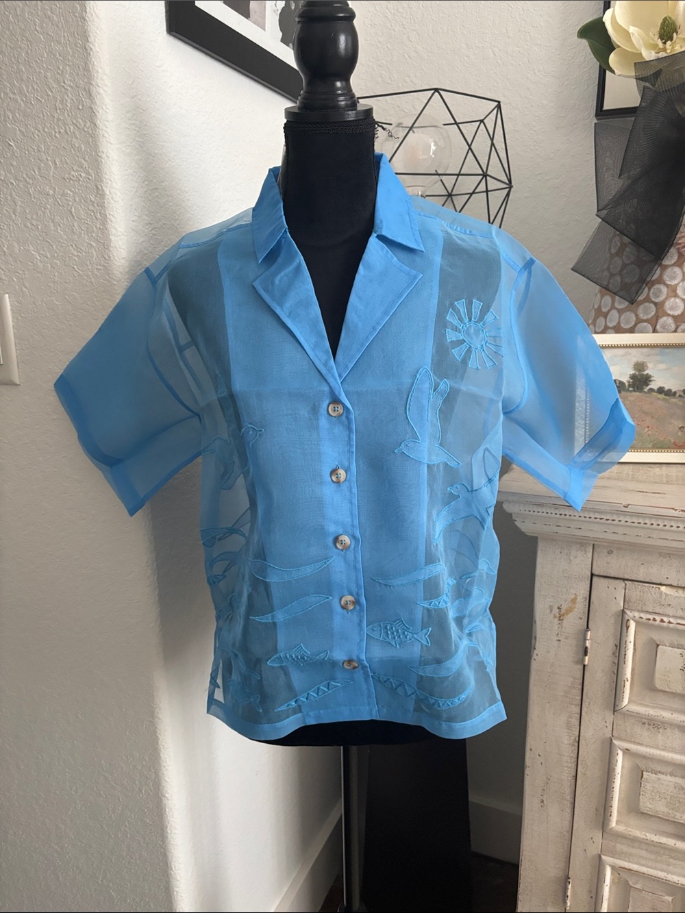 Celandine /Anthropologie Blue Sheer Embroidered Short-Sleeve Button-Up Top